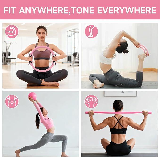 SAN LIKE Home Pilates Essentials Kit for Women, Pilates Equipment Ring and Ball Set, 12'' Magic Circle, Yoga Ball,8 Resistance Bands Premium Accessories Kits for Starter Toning Workouts at Home