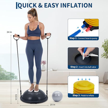 1 Pack PVC 23 Inch Yoga Half Ball with ABS Base Stability Ball - 6 Non-Slip Feet, 30 Inch Resistance Bands, Anti-Skid Yoga Ball, Adjustable Resistance Bands