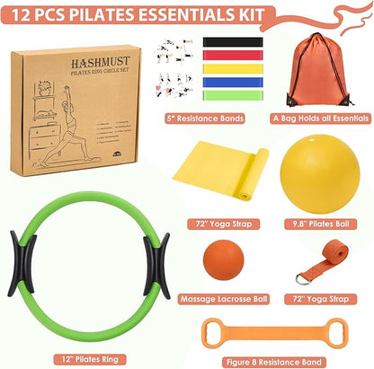 HASHMUST Pilates Ring Kit 12 PCS for Women, Home Workout Equipment with Magic Circle, Mini Exercise Ball, Resistance Bands, Massage Lacrosse, Yoga Strap, Full-Body Fitness Set for Toning & Gift