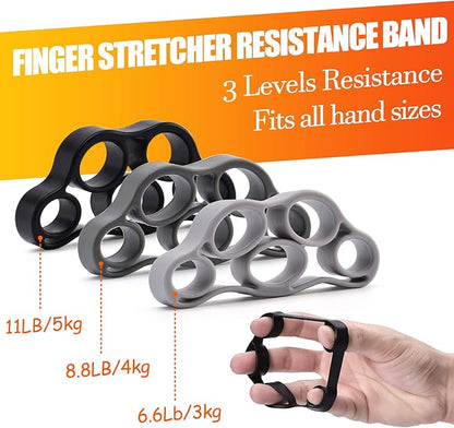 Grip Strength Trainer 7 Pack Adjustable, Finger Stretcher Resistance Extensor Bands, Finger Exerciser, Hand Gripper Strength Ring & Stress Ball