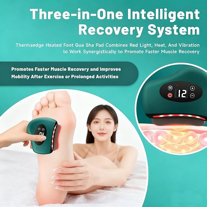 Thermaedge Plantar Fasciitis, ThermaEdge Foot Scraper, 12 Massage Levels and 12 Heat Levels, Red Light Heated Gua Sha Device for Plantar Fasciitis, 4-in-1 Vibration Device for Muscle Care (Green)