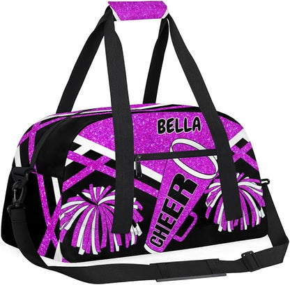 Custom Sports Duffel Cheerleaders Bag Girls, Sports Travel Bag Tote Carry On Weekender Gym Dance Cheer Sleepover Bag, Bright Purple Glitters Black