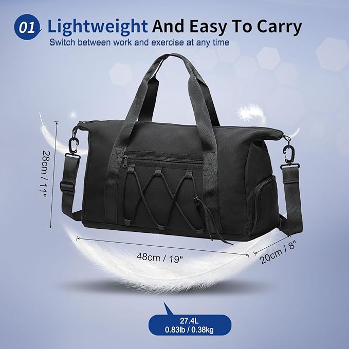 Lightweight Gym Bag for Men & Women, Water Resistant Sports Duffel Bag with Shoe Compartment & Wet Pocket for Travel Weekender & Fitness, Black
