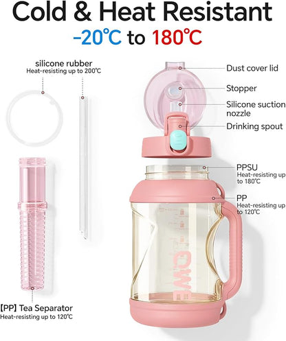 QWE Gym Large Water Bottle for women with lids and Straws&Handle,54oz,Heat-resisting,Reusable,PPSU BPA Free, Plastic Water Bottle Double drinking,leak proof, for Travel,Sport,Outdoors,camping(Pink)