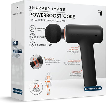 Sharper Image PowerBoost Core Mini Massage Gun| Portable Deep Tissue Percussion Massager with 6 Speeds| 4 Attachments| Quiet Motor| Cordless Muscle Recovery Tool with Carry Pouch