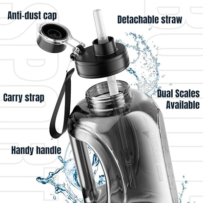 Large Water Bottle with Measurements, 95 OZ/ 2.8 L Gym Water Bottle with Straw, Gallon Water Jug Bottle with Handle & Portable Strap for Gym, Outdoor Sports