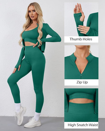 Women 3 Piece Seamless Workout Set Sports Bra High Waisted Gym Yoga Leggings Zip Up Jacket with Thumbhole Activewear