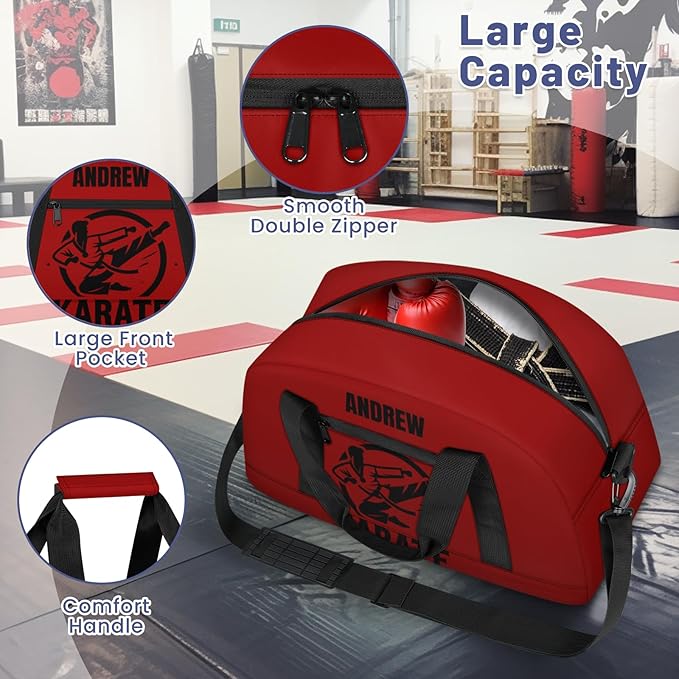Custom Name Taekwondo Karate Duffle Bag for kids Boy Girls - Personalized Martial Arts Gear Bag, Water-Resistant Sparring Equipment Bag, Karate Red