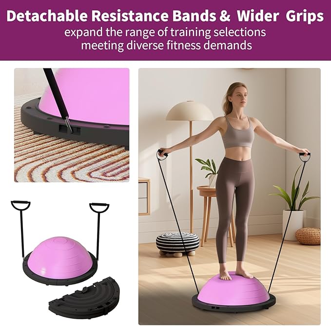 Vtory Foldable Balance Ball, Upgrate Half Ball Balance Trainer, 1300 lbs Capacity Stability Ball, 23.5 Inch Yoga Half Ball, with Resistance Band & Foot Pump, No-slip Blue Pink