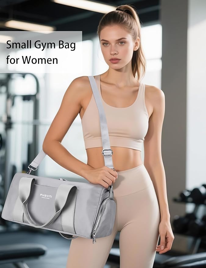 Sports Small Gym Bag for Women and Men, Cute Mini Duffle Bag with Wet Pocket & Shoes Compartment, Personal Item Travel Workout Bag, 16"-Small, Grey