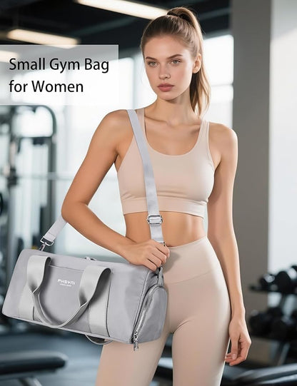 Sports Small Gym Bag for Women and Men, Cute Mini Duffle Bag with Wet Pocket & Shoes Compartment, Personal Item Travel Workout Bag, 16"-Small, Grey