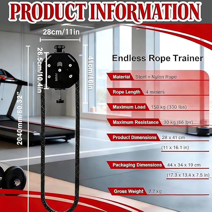 Cable Pulley System for Home Gym, 4m/13.12 Endless Rope Trainer with Adjustable Resistance for Full Body Workout, Pulley System Gym, Compact Home Gym Equipment for Arms, Back, Core Training