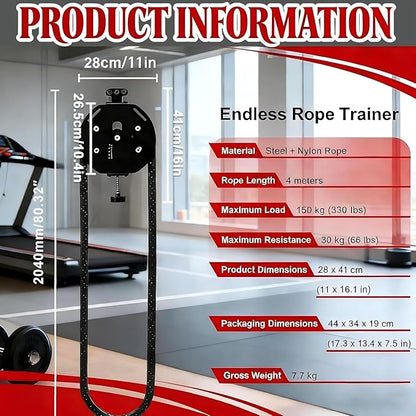 Cable Pulley System for Home Gym, 4m/13.12 Endless Rope Trainer with Adjustable Resistance for Full Body Workout, Pulley System Gym, Compact Home Gym Equipment for Arms, Back, Core Training
