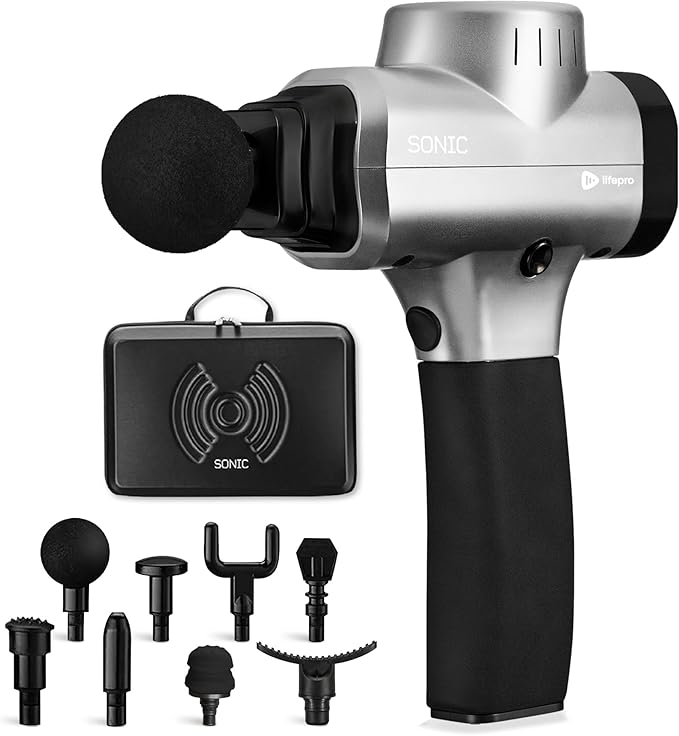 LifePro Sonic Massage Gun Deep Tissue – Quiet Handheld Percussion Massager for Athletes, Pain Relief & Recovery – 8 Heads, 5 Speeds, Long Battery