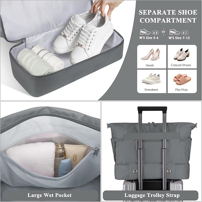 ETRONIK Gym Bag for Women, Personal Item Travel Bag with Shoes Compartment, Weekender Overnight Duffel Bag with Wet Pocket & USB Charging Port, Carry On Bag for Women, Travel, Gym, Weekend