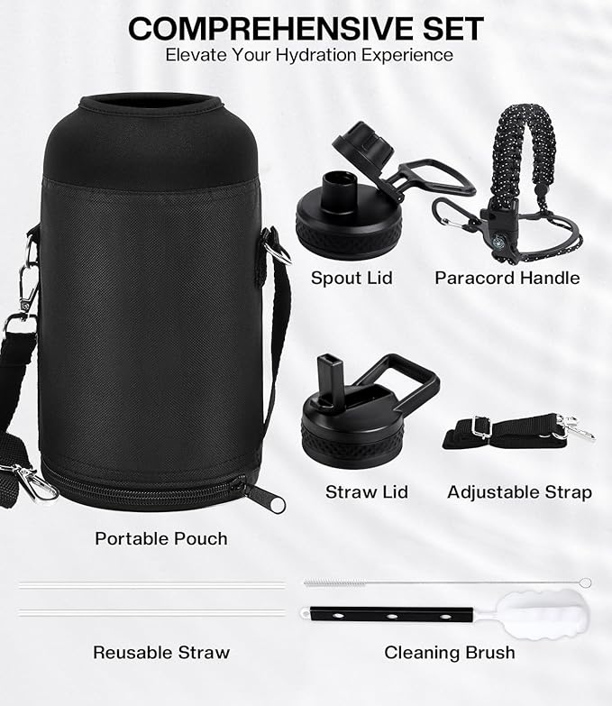 Insulated Water Bottle 64 oz(COLD for 36 Hrs), Half Gallon Stainless Steel Sports Water Jug, Non-BPA & Leak Proof, Large Water Flask with Straw, Magic Black