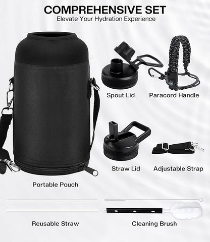 Insulated Water Bottle 64 oz(COLD for 36 Hrs), Half Gallon Stainless Steel Sports Water Jug, Non-BPA & Leak Proof, Large Water Flask with Straw, Magic Black