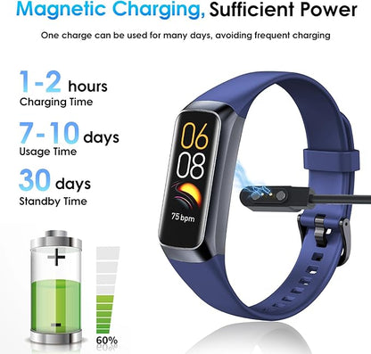 Fitness Tracker, 24/7 Heart Rate Blood Oxygen Blood Pressure Body Temp Monitor Sleep Calorie Tracker with 1.1" AMOLED Touch Color Screen Pedometer Smart Watch Waterproof for Women Men (Blue)