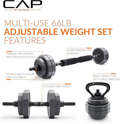 CAP Barbell Multi-Use Adjustable Weight Set - Versatile Dumbbell, Barbell & Kettlebell for Full-Body Workouts | 45lb and 66lb options