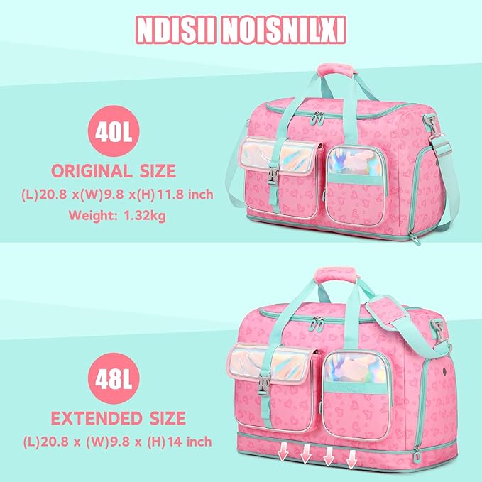 Women's Gym Bag Travel Duffel 40L Expandable 8L with Shoe Compartment Wet Pocket for Yoga Fitness Overnight Weekender Black, Pink