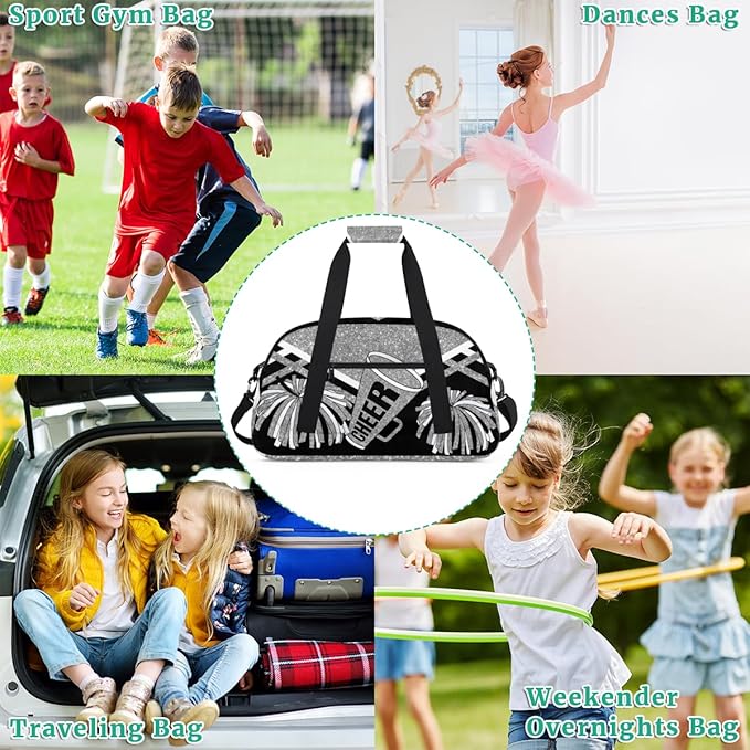 Cheerleading Dance Bag Girls, Sports Bag Gym Sport Duffel Bag Weekender Cheerleaders Bags Travel Dancing Lightweight Bag, Silver Black Glitters Print Effect
