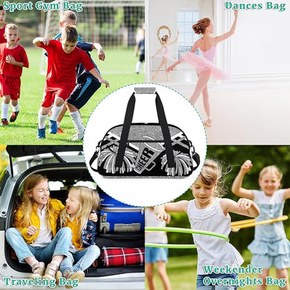 Cheerleading Dance Bag Girls, Sports Bag Gym Sport Duffel Bag Weekender Cheerleaders Bags Travel Dancing Lightweight Bag, Silver Black Glitters Print Effect