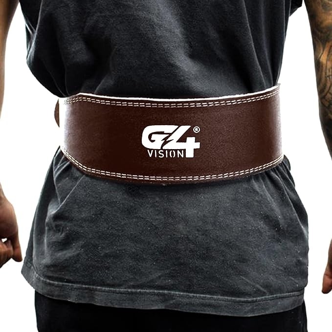 G4 Vision Genuine Leather Adjustable Weightlifting Belt 4 Gym Fitness Bodybuilding Powerlifting Deadlifting Thrusters Back Support Heavy Workout (Large, Brown)