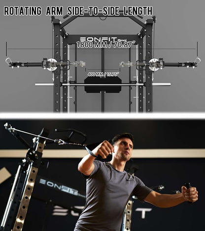 Eonfit E5 Smith Machine with Vertical Leg Press, Power Cage Squat Rack with LAT-Pull Down Cable Crossover Rotating Arms System Home Gym Equipment All in One