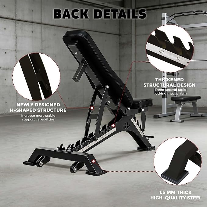 Adjustable Weight Bench 1300 lb Capacity, Foldable Workout Bench with 10 Backrest & 3 Seat Positions, Heavy Duty Home Gym Bench for Incline Decline Flat Dumbbell Training