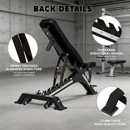 Adjustable Weight Bench 1300 lb Capacity, Foldable Workout Bench with 10 Backrest & 3 Seat Positions, Heavy Duty Home Gym Bench for Incline Decline Flat Dumbbell Training