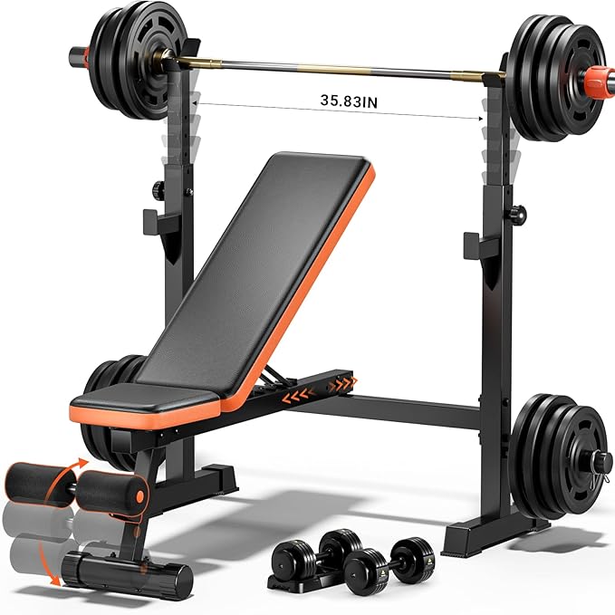 Fostoy 770lbs Weight Bench Set with Squat Rack, 5 in 1 Workout Bench Press With Removable Foot Catch, Adjustable Flat Incline Sit Up Bench for Home Gym Full Body Strength Training