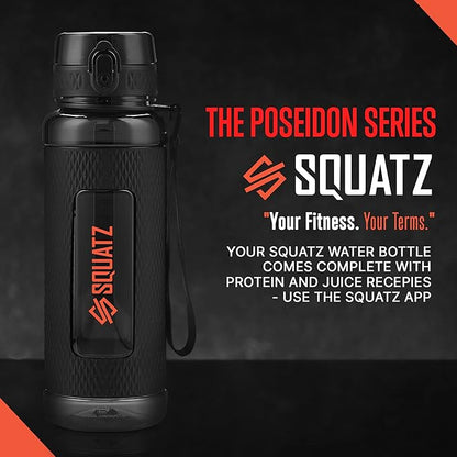 SQUATZ 24 Oz Poseidon Series Water Bottle for Protein and Fruit Shakes - Premium Quality Wide Mouth Gym Flask Fruit Infuser Strainer, Carrying Strap, Leak Resistance, No Condensation Sleeve,Black