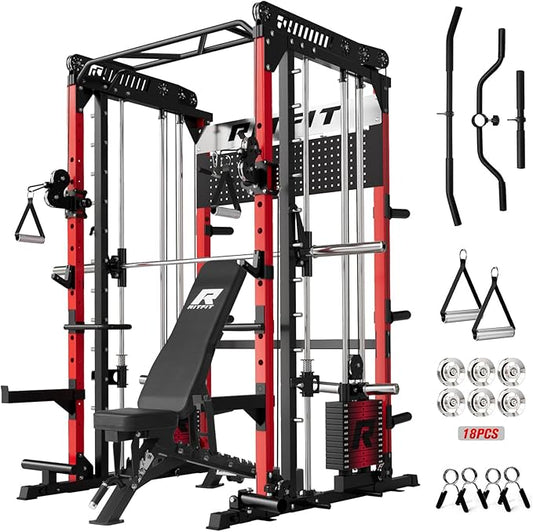 RitFit M1 Pro Smith Machine Package, All-in-One Power Cage with Weight Stack Set, Includes LAT Pulldown & Cable Crossover System for Home Gym