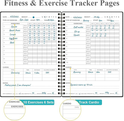 Fitness Journal for Women & Men,A5 Workout Journal/Planner Daily Exercise Log Book to Weight Loss, Gym, Muscle Gain, Bodybuilding Progress, 5.8"x8.3", Black