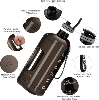 Water Bottle 2.2 Litre Triangular Extra-Strong 100% Leak proof Eco Plastic BPA Free 2.2L Large Half Gallon Gym Water Jug with Handle Time Marking (2.2L Black)