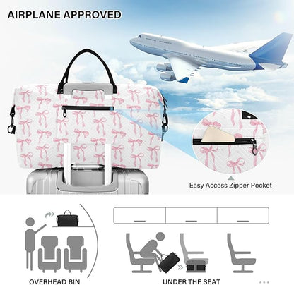 Weekender Bags Travel Duffel Gym Bag Carry on Overnight Tote Bag with Toiletry Bag for Airplane Travel Trip Gym Yoga (Pink Bow 61)