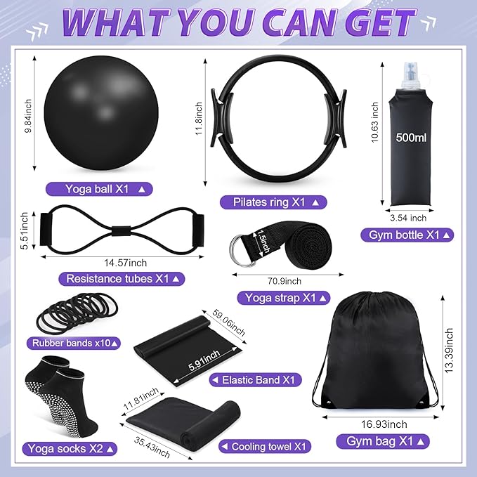 24 Pcs Home Pilates Essentials Kit for Women, Pilates Equipment Ring and Ball Set with Stretching Strap, Water Bottle, Magic Circle, Yoga Ring, Gym Bag, Resistance Band, Anti Slip Socks