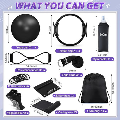 24 Pcs Home Pilates Essentials Kit for Women, Pilates Equipment Ring and Ball Set with Stretching Strap, Water Bottle, Magic Circle, Yoga Ring, Gym Bag, Resistance Band, Anti Slip Socks