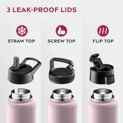 FineDine Water Bottle - Stainless Steel Insulated Water Bottle with Straw Lid, Flip Lid & Wide-Mouth Cap - Keeps Hot and Cold - 25 Oz / 739ml - Dreamy Pink-Green