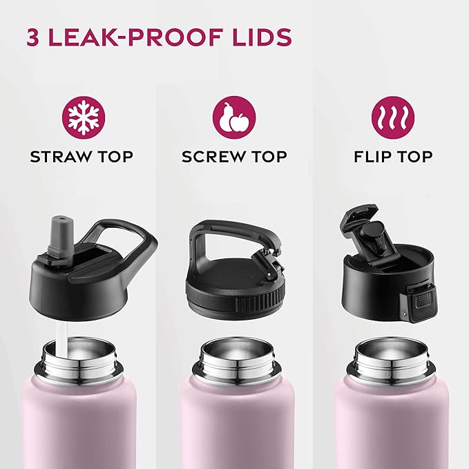 FineDine Water Bottle - Stainless Steel Insulated Water Bottle with Straw Lid, Flip Lid & Wide-Mouth Cap - Keeps Hot and Cold - 32 Oz / 946ml - Dreamy Pink-Green