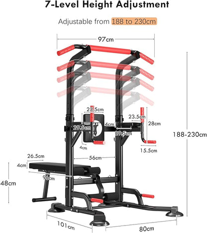 SogesHome Multi-Function Power Tower Pull Up Bar Dip Station, Home Gym Adjustable Height Fitness Workout Equipment with Foldable Dumbbell Stool, 330LB Capacity for Push-Ups, Sit-Ups, Strength Training