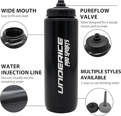 UICE Water Bottle with Straw,1 Liter Easy Squeeze Bottles for Hockey Straight Long Straw Built In Finger Grip,Sports Water Bottle for Football, Lacrosse, Boxing,Fitness-White