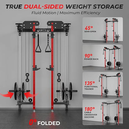 Mikolo Folding Squat Rack, Wall Mounted Power Rack with Cable Crossover Machine & LAT Pull Down, Functional Trainer with 5 Adjustable Function Modes, for Home Gym and Space Saving