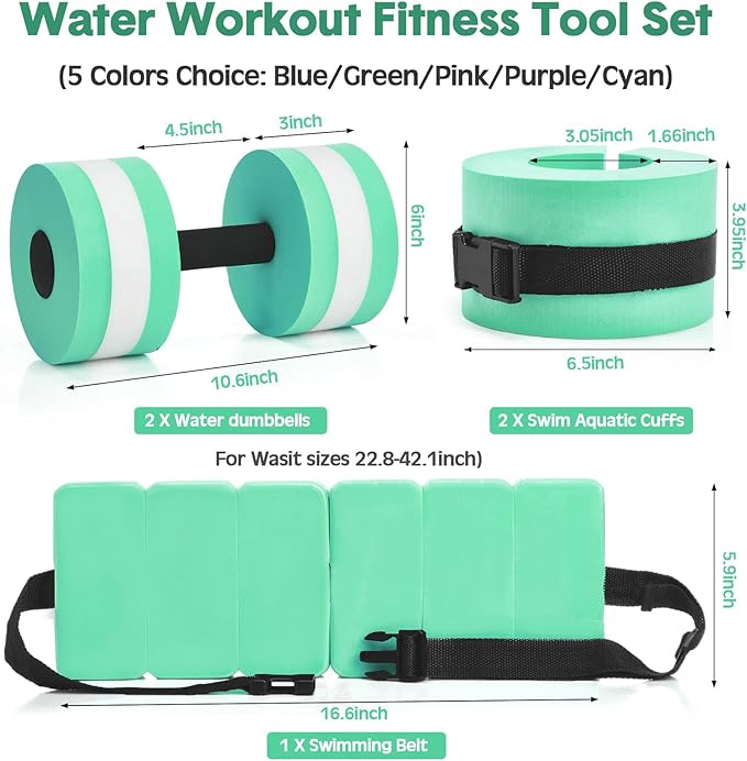 5 Pcs Pool Aquatic Exercise Set Including 2 Lightweight Water Dumbbells, 2 Ankle Swimming Weights, and Swim Belt Water Exercise Equipment for Aquatic Aerobics