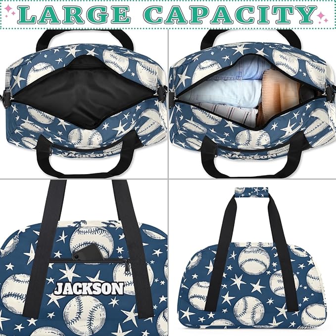 Personalized Baseball Gym Duffel Bags for Kids Boys with Custom Name Travel Sport Training Bags for Overnight Weekender, Blue