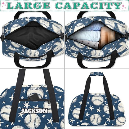 Personalized Baseball Gym Duffel Bags for Kids Boys with Custom Name Travel Sport Training Bags for Overnight Weekender, Blue