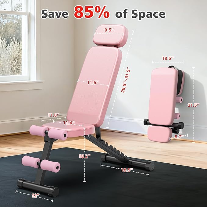 XDDIAS Workout Bench, 10 Backrests Adjustable Weight Bench with Extended Headrest, 800LBS Foldable Weight Bench for Home Gym, Incline Decline Flat Bench Compact for Small Space Training