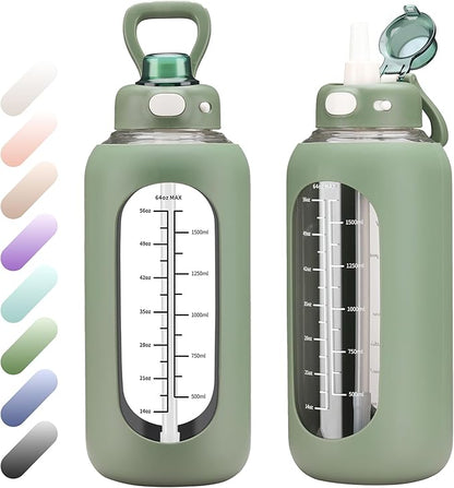 SIEROZUR 42 oz Glass Water Bottle with Straw and Handle Half Gallon Large Water Bottle with Silicone Sleeve and Time Marker Sports Water Jug Wide Mouth for Travel Gym