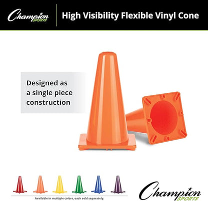 Champion Sports High Visibility Flexible Vinyl Cones for Sports Training, Agility Drills, Field & Gym Marking Sets