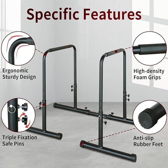 Dip Station Functional Heavy Duty Dip Stands Fitness Workout Dip bar Station Stabilizer Parallette Push Up Stand, Adjustable Dip Bar Station for Home Gym, Calisthenics & Upper Body Workout Equipment